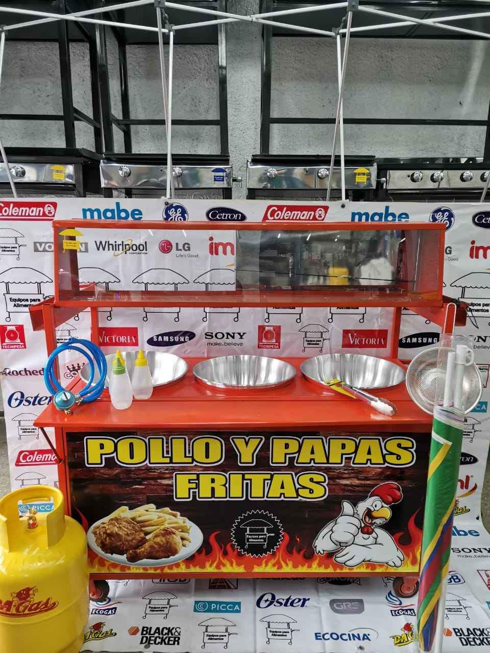 Oferta carreta de 3 peroles para papas y pollo con sus accesorios