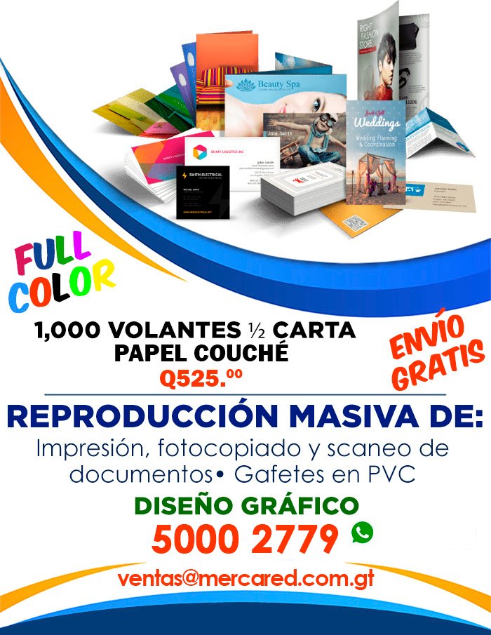 Desde Q300 en papel Couché
 1,000 volantes, full color, tamaño ½ carta. 
 Entreg