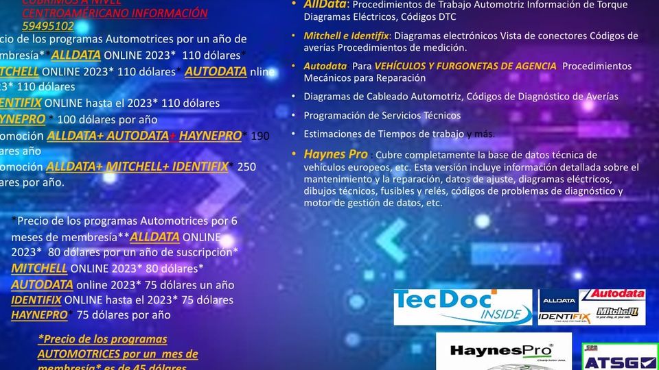 Plataformas de diagnóstico, precios descritos en la imagen.
 Cubrimos a nivel Ce