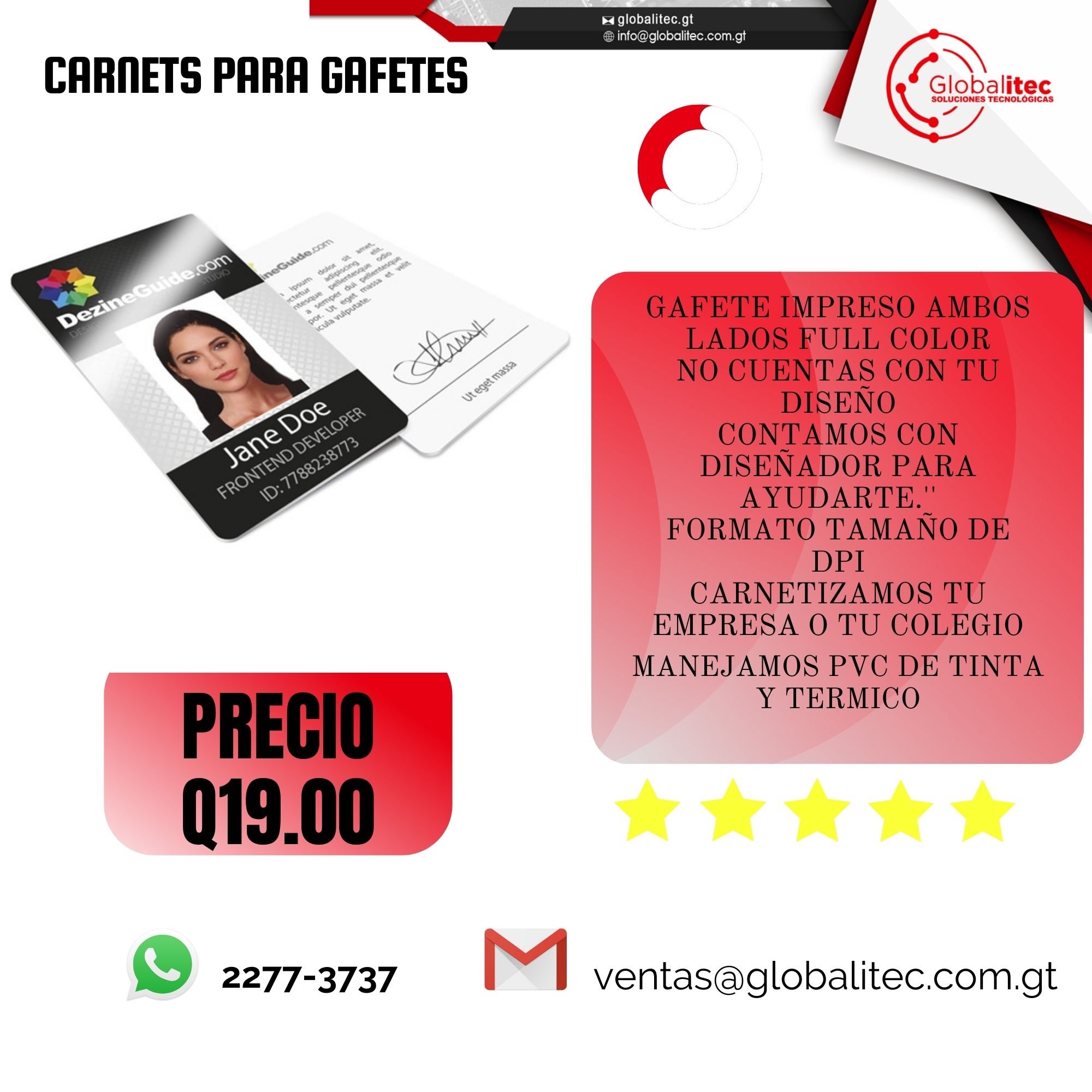 gafetes impresos ambos lados full color
 en pvc termico o tinta
 formato Dpi
 In