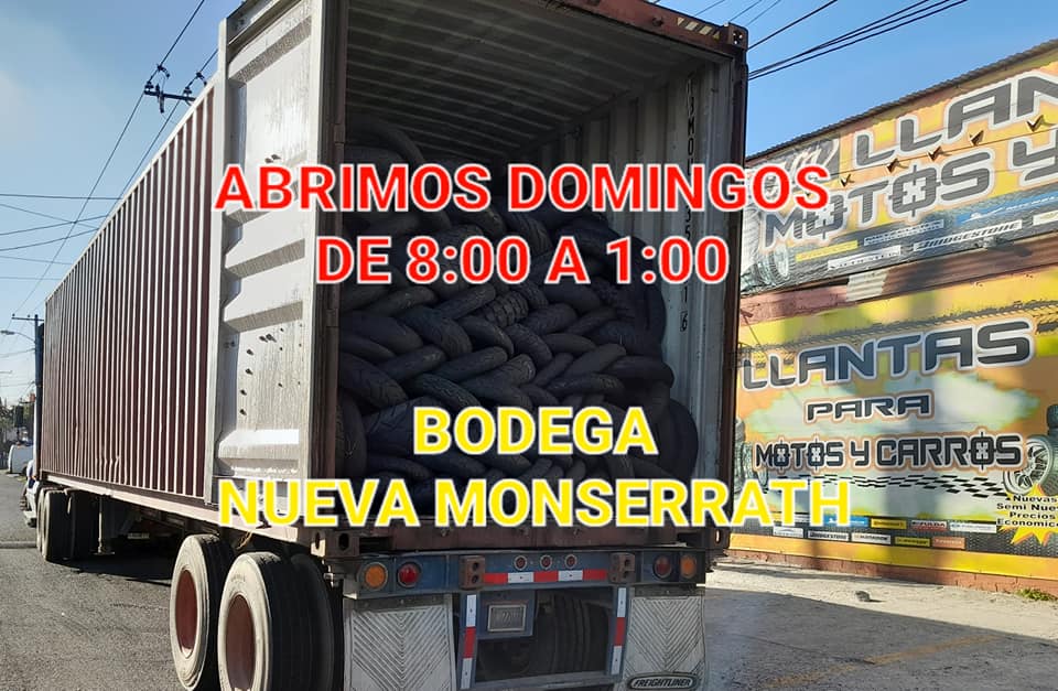 ABRIMOS DOMINGOS 
LLANTAS PARA CARRO Y MOTO 

ENVÍO A TODO EL PAIS 

WHATSAPP me