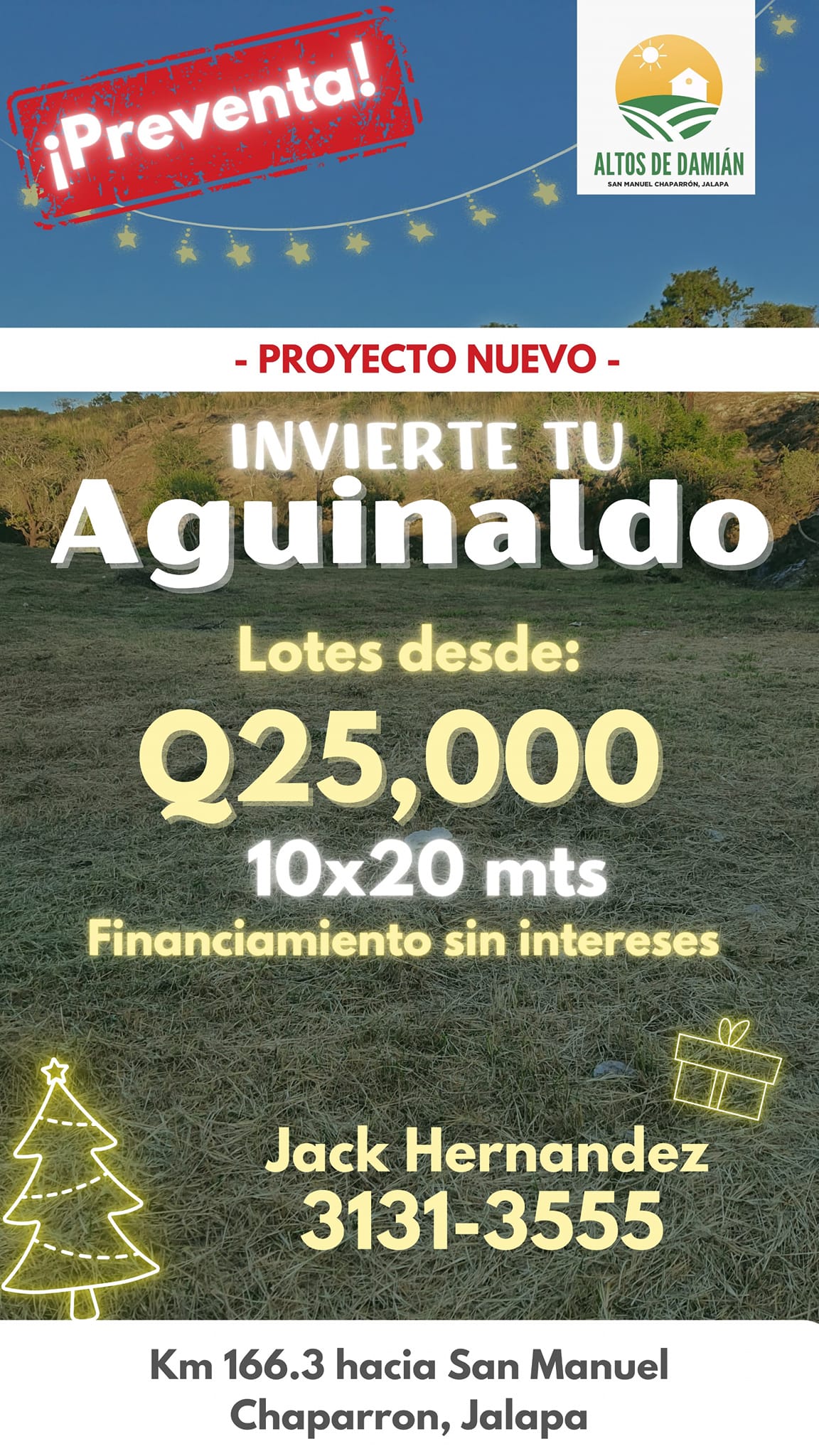 Vendo Lote en Jalapa, Aldea Damián. (Ruta hacia San Manuel Chaparrón)
 10x20 a Q