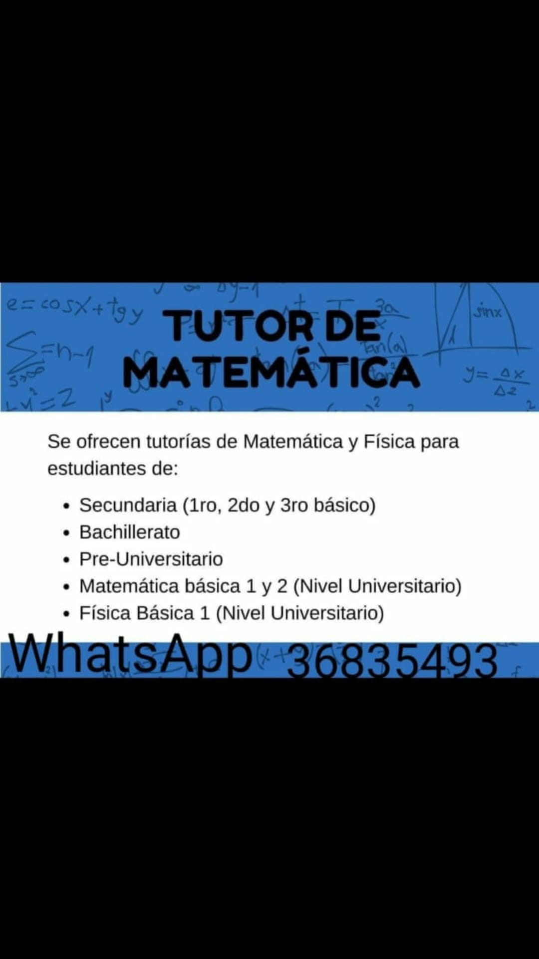 Tutorias / Clases de Matemática y Fisica
Tareas y Exámenes
Escribe al WhatsApp 3