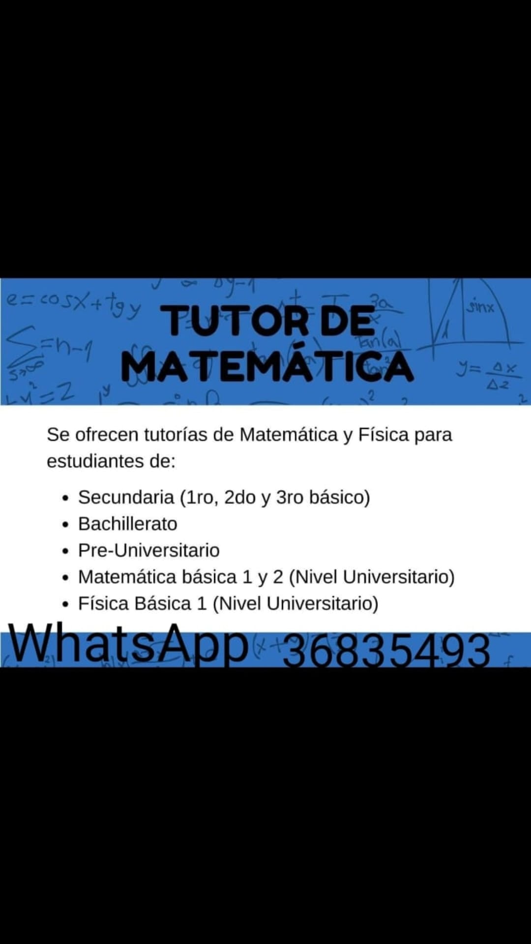 Tutorias / Clases de Matemática y Fisica
Tareas y Exámenes
Escribe al WhatsApp 3