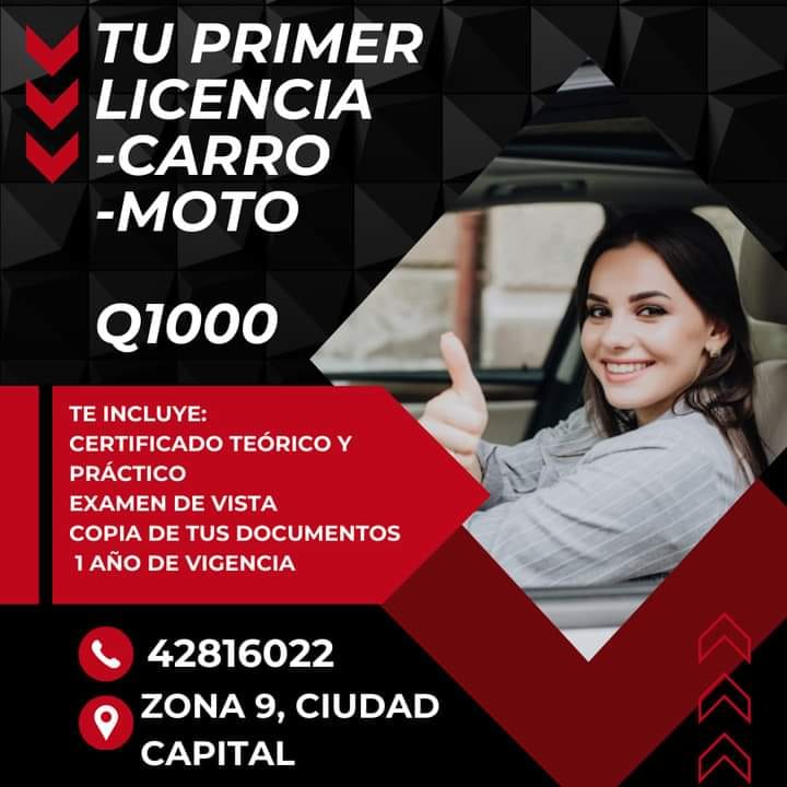 Primera Licencia de conducir para carro o moto, estamos ubicados en zona 9 ciuda