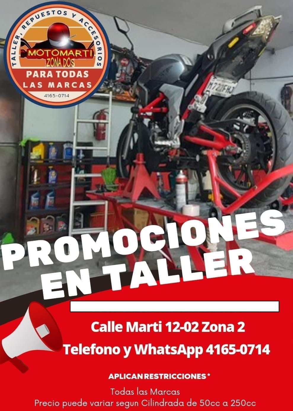 TALLER, REPUESTOS Y ACCESORIOS PARA MOTO 

HORARIO DE LUNES A VIERNES 
9A.M A 6P