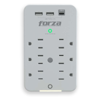 Tomacorriente Marca Forza Modelo FWT-631USBC Protector De Sobretension De 490J/1875Watts Con 6 Salidas 2 Puertos USB-A Y 1 Puerto USB-C Color Blanco