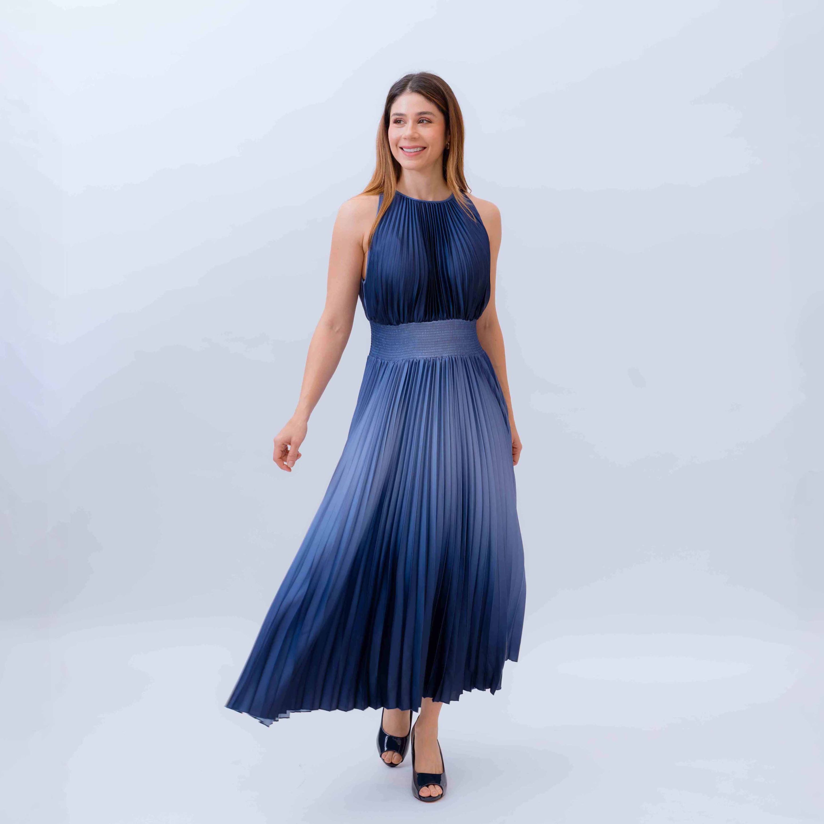 Vestido Halter Plisado Bicolor