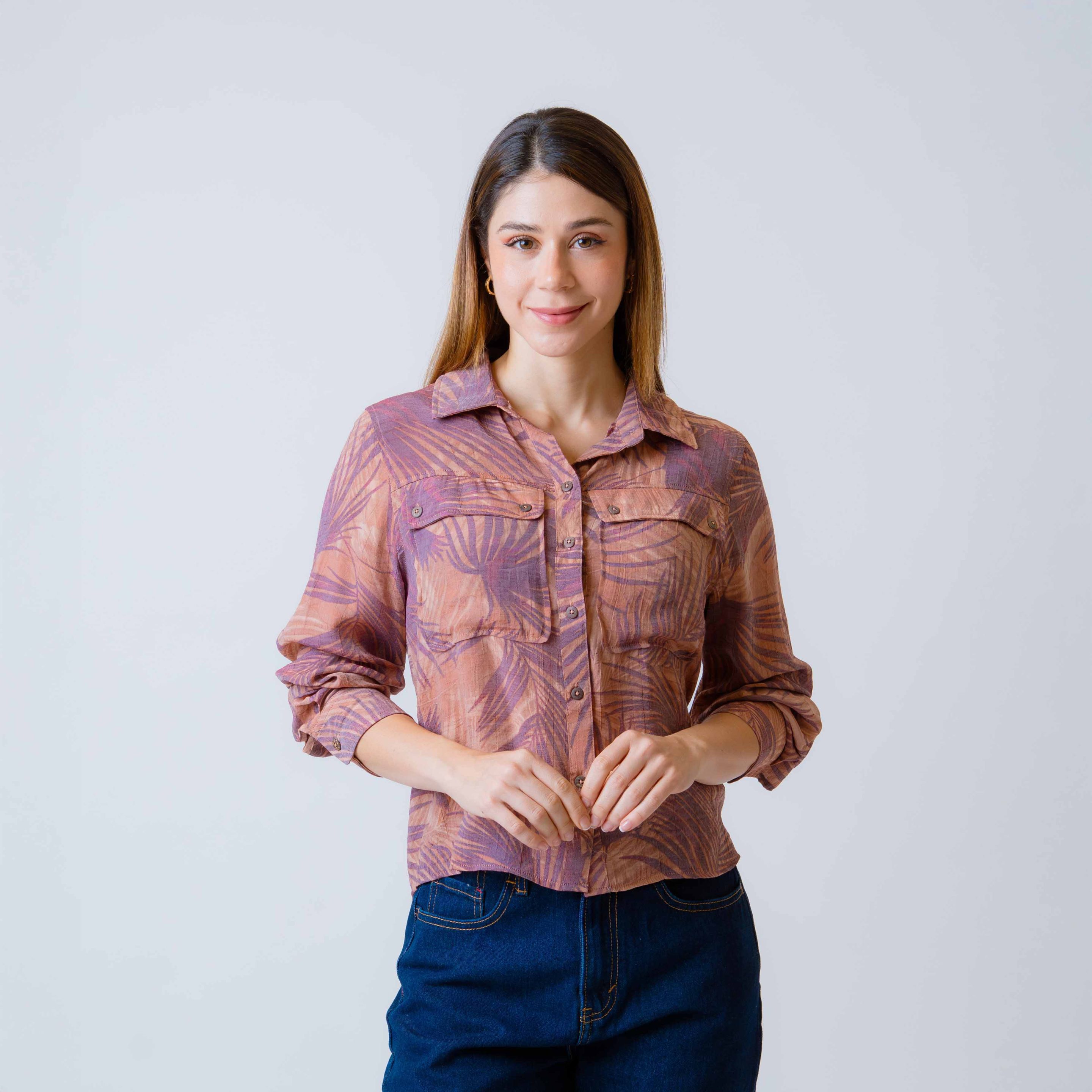Blusa M3/4 Estampada Palmas 2 Bolsas