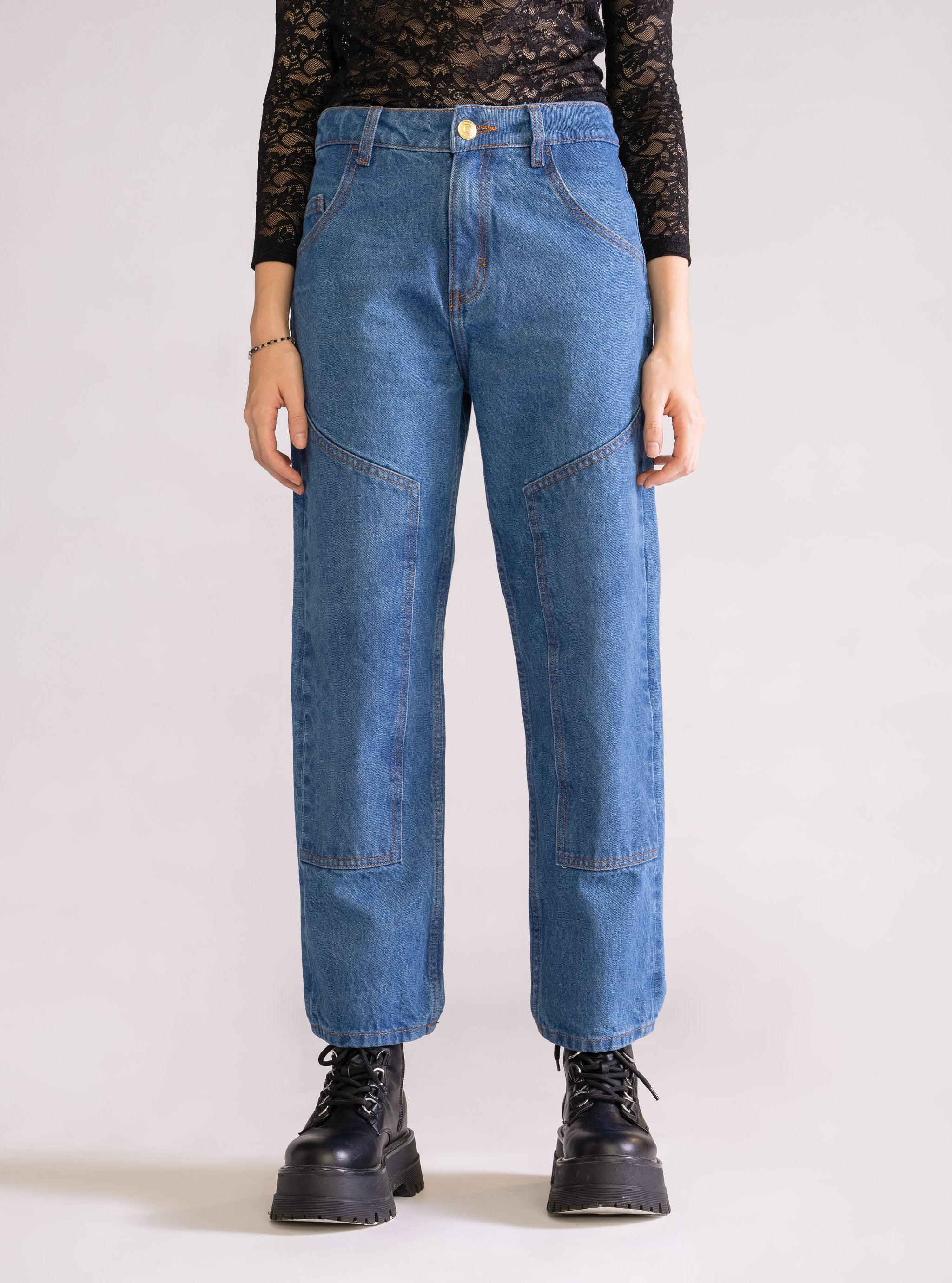 90's Straight Double Front Jeans, Azul Claro