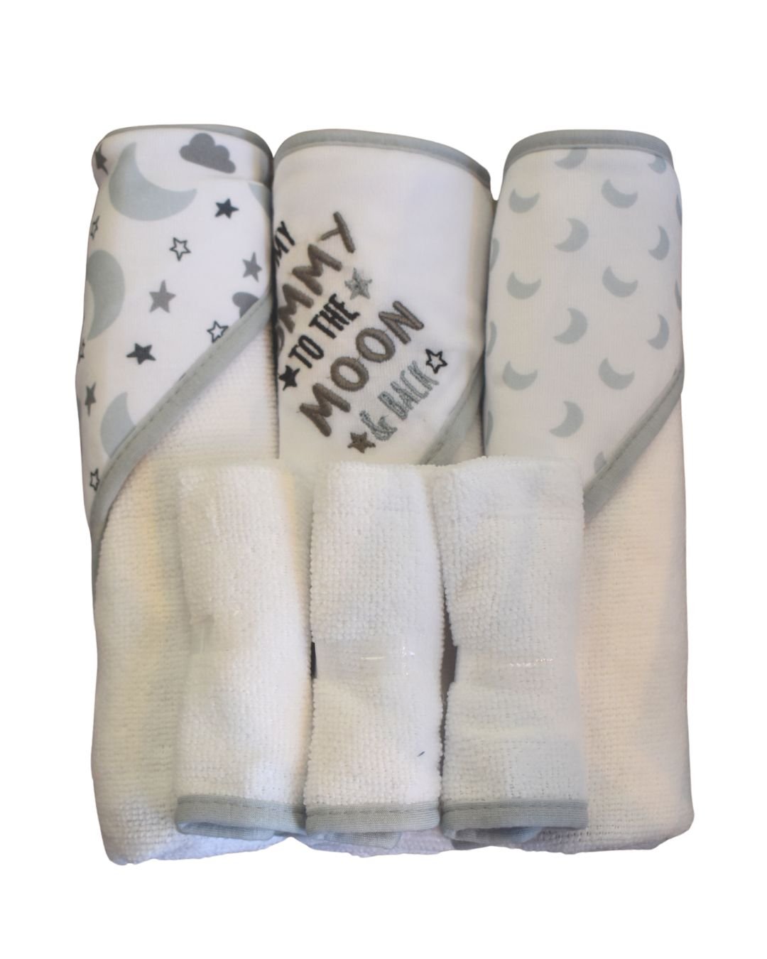 6PK Set de baño Baby Gear: 3 toallas con capucha y 3 paños para ducha de microfibra/interlock multicolor unisex