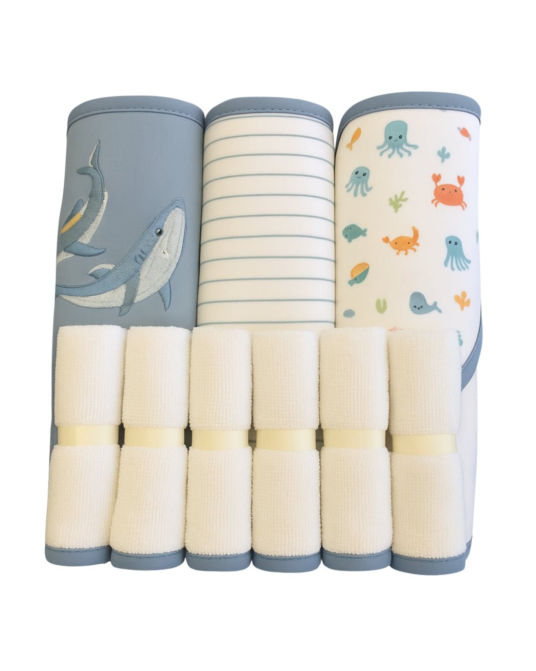 9PK Set de baño Baby Gear: 3toallas con capucha, 3 paños para ducha y 3 juguetes de baño multicolor para niño