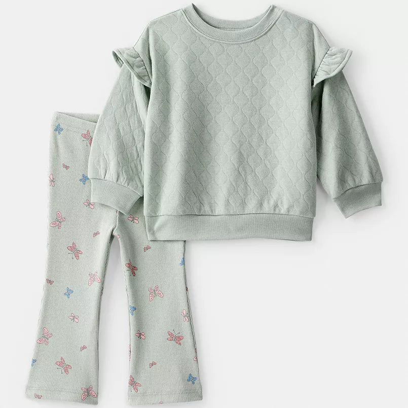 Conjunto Carters 2 piezas: sudadero con diseño y vuelitos en los hombros y pantalón estampado color verde para niña