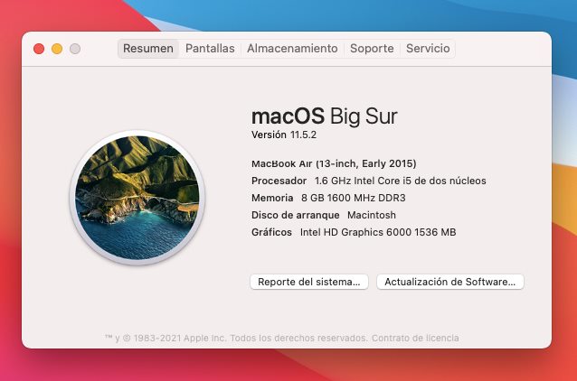 Macbook Air 13″ (2015) 256gbs de almacenamiento.