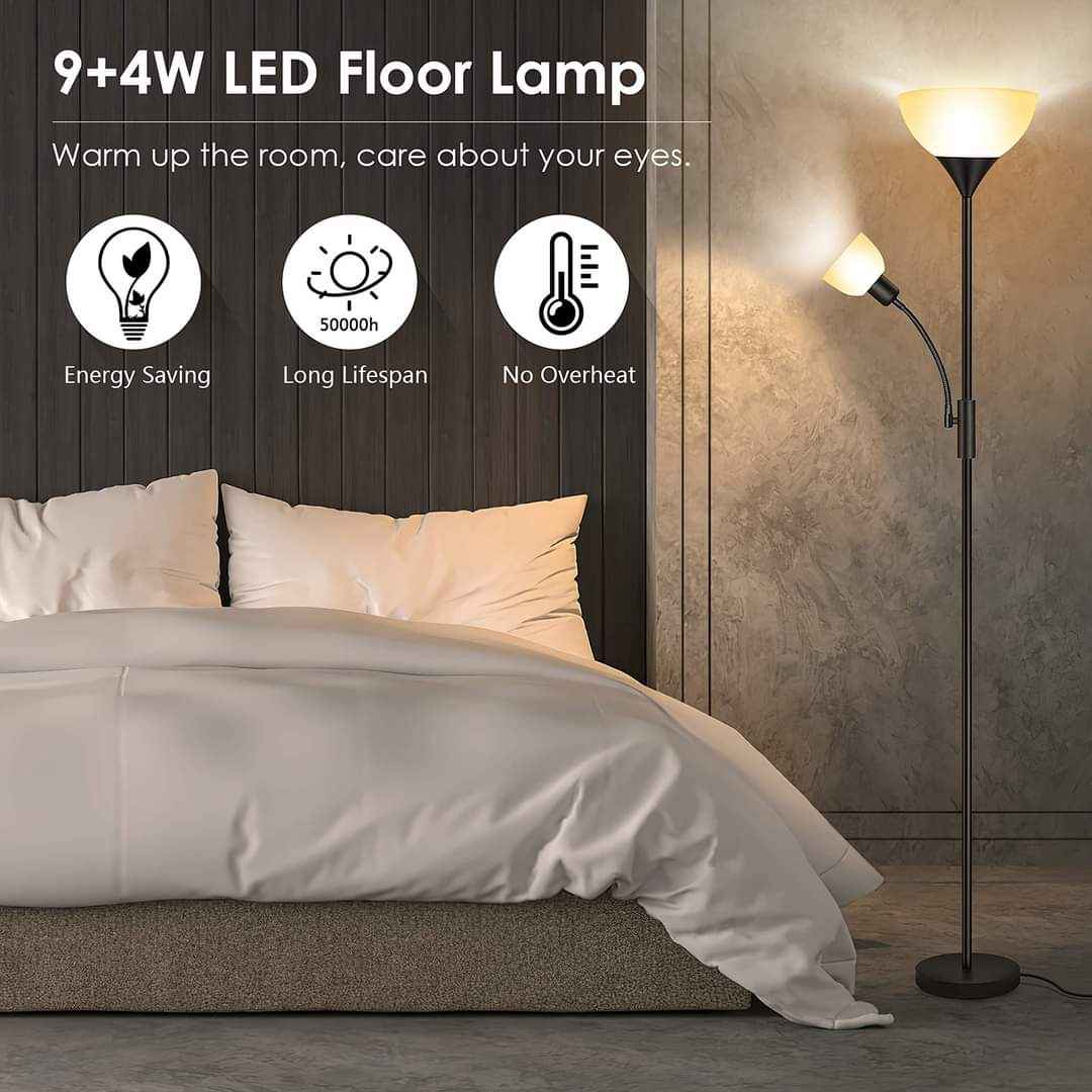 Lámpara de pie, lámpara de pie, lámpara de pie LED de 9 W con lámpara de lectura ajustable de 4 W