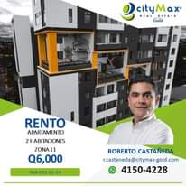 Puede ser una imagen de 1 persona y texto que dice "Ceity Max REAL ESTATE Gold RENTO APARTAMENTO HABITACIONES ZONA11 Q6,000 PAA-001-01-24 ROBERTO CASTAÑEDA r.castaneda@citymax-gold.com 4150-4228"