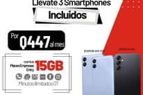 Puede ser una imagen de teléfono y texto que dice "Claro-empresas Llévate 3 Smartphones Incluidos Por 0447 mes 2SAMSUNGA04E32GB 2SAMSUNG 32GB SAMSUNGA1464GB PlanesEmpres Entry contus 15GB f MinutosllimitadosGT SAMSUNG Promoción vigente hasta el31 enero 2024 hasta que duren existencias. En contrato 18 meses. Válido para venta nueva y/o renovación."