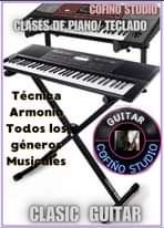 Puede ser una imagen de piano y texto que dice "COFINO STUDIO CLASES DE PIANO/ TECLADO Técnica Isa Armoní Todos los género Music Musicales ales GUITAR COFINO COFIÑO STUDIO CLASIC GUITAR"