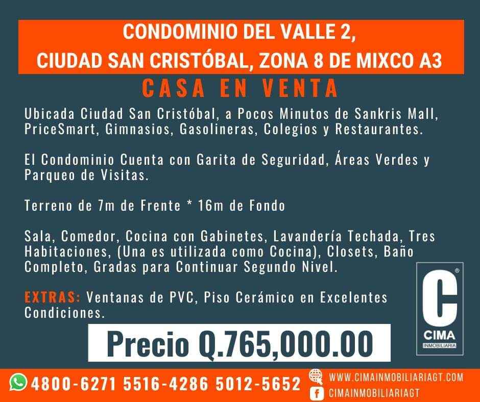 CASA EN VENTA
Teléfono: 5012-5652

Condominio Del valle 2, Ciudad San Cristóbal,
