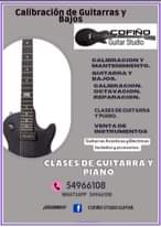 Puede ser una imagen de guitarra y texto que dice "calibración Bajos de Guitarras y COFIÃO Guitar Studio CALIBRACIÓN MANTENIMIENTO. GUITARRAY BAJOS. CALIBRACION. OCTAVACION. REPARACION. CLASESDEGUITARRA ΥΡΙΑΝΟ. 代 VENTADE INSTRUMENTOS Guitarras Acústicas Eléctricas teclados y accesorios. CLASES DE CUITARRA PIANO 54966108 WHATSAPP 54966108 ¡SIGUENOS! f COFIÃO GUITAR"