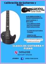 Puede ser una imagen de guitarra y texto que dice "Calibración de Guitarras Bajos COFIÃO Guitar Studio CALIBRACION Y MANTENIMIENTO. GUITARRA Y BAJOS. CALIBRACION. OCTAVACION. REPARACION. CLASESDE GUITARRA ΥΡΙΑΝΟ. VENTADE INSTRUMENTOS Guitarras Acústicas yEléctricas teclados y accesorios. CLASES DE GUITARRA Y PIANO 54966108 WHATSAPP 54966108 ¡SIGUENOS! f COFIÑO STUDIO GUITAR"