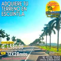 Puede ser una imagen de ‎texto que dice "‎ADQUIERE TU TERRENO EN ESCUINTLA Quintas Palmarena Km 78Autopista Puerto Quetzal Cuotas desde Q 1ר 1,580.00 Proyecto de-160 terrenos De 12X28mts Compra desde USA AN SOOK 4136-9660 Oficina 2303-0200‎"‎